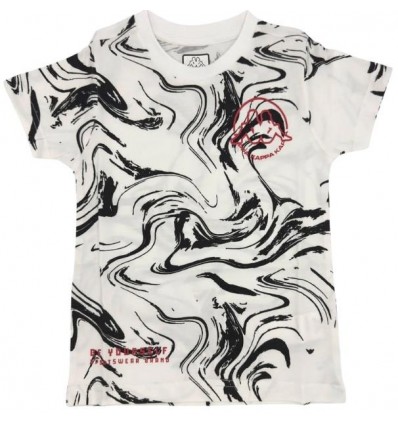 Maglietta Kappa Bambino Manica Corta con Stampa Astratta e Logo Rosso.