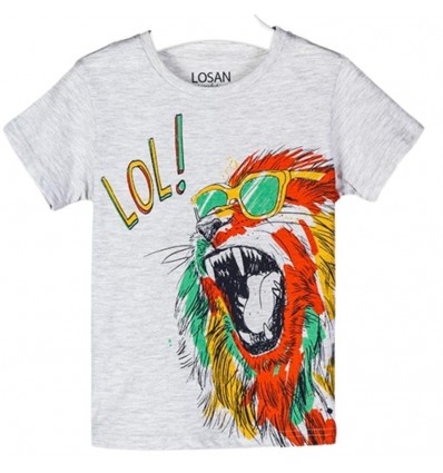 T-shirt neonato LOSAN con stampa leone e scritta "LOL!" in cotone grigio