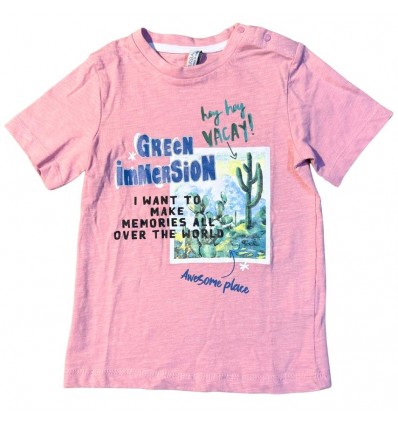 T-shirt neonato Birba rosa cotone con stampa estiva "Green Immersion"