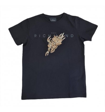 John Richmond Maglietta Bambini Nera con Fata Glitterata in Paillettes e Ricamo Dorato